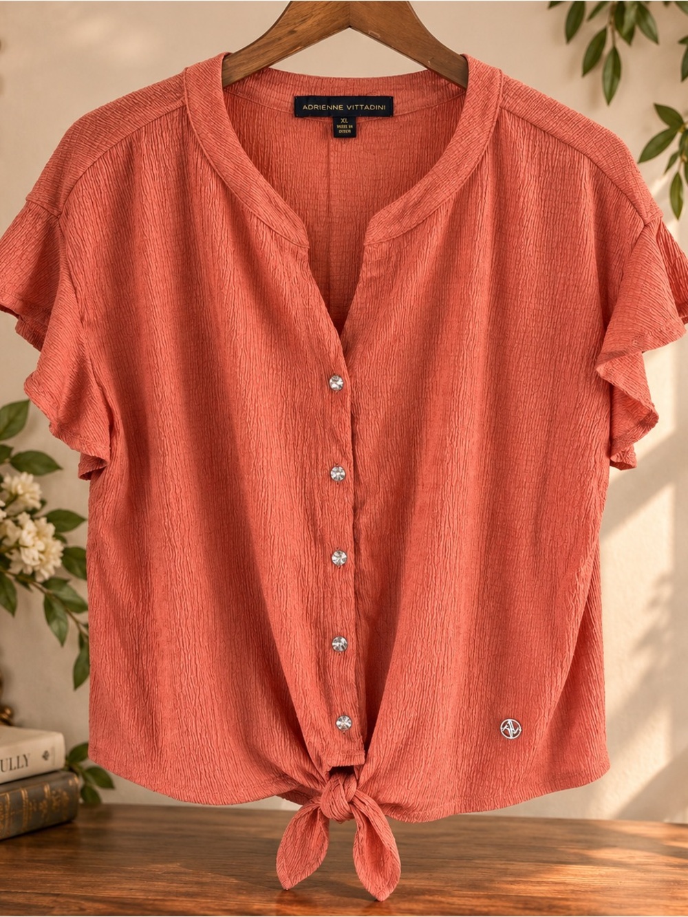 Adrienne Vittadini Coral Button-Front Tie Hem Blouse